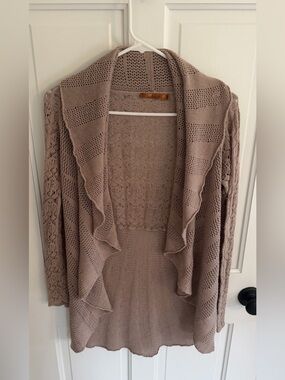 Belldini Open Knit Cardigan Large Taupe Crochet Lace Drape Front Sweater